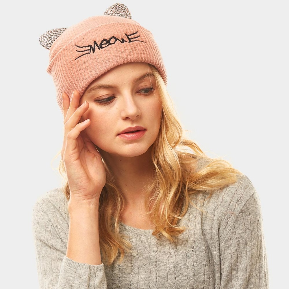 Pink Meow Solid Stone Cat Ear Beanie